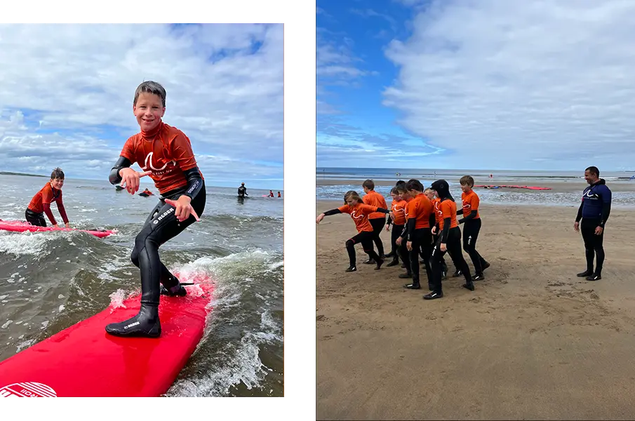 A boy surfing and a guide training to other under 16 children