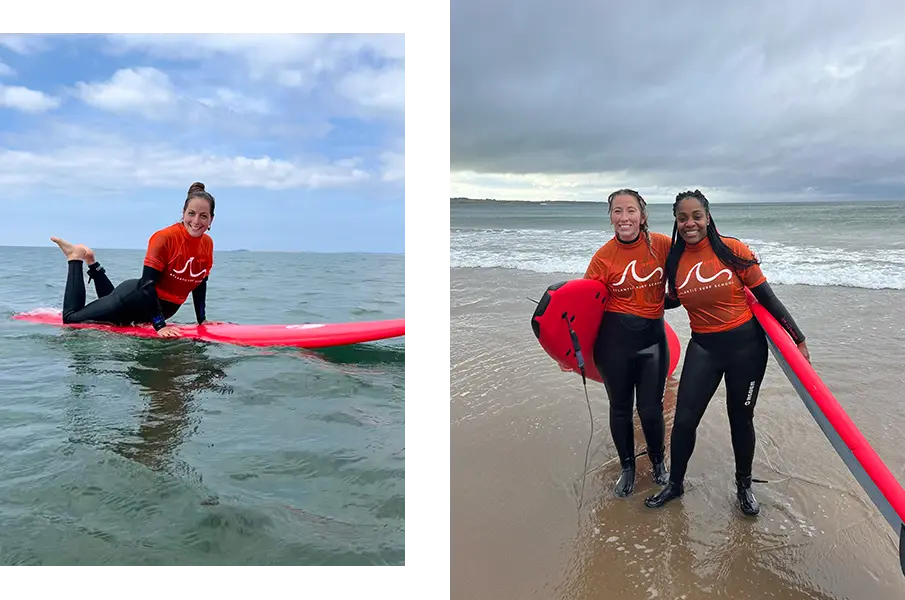 Females posing with surfboards on beach and surfing