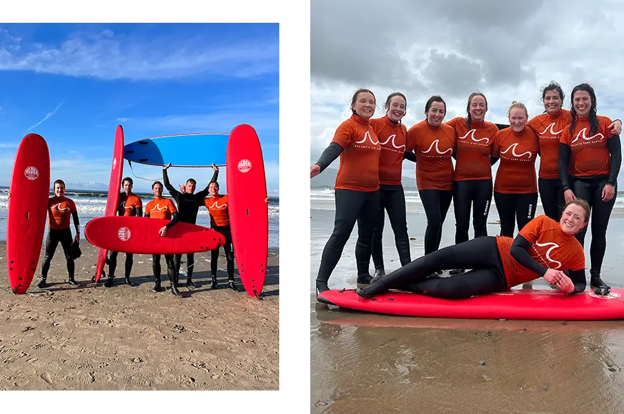 Group of adults posing with surf boards