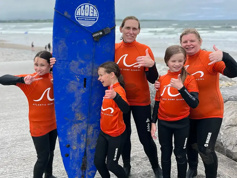 A family posing with thumbs up on beach