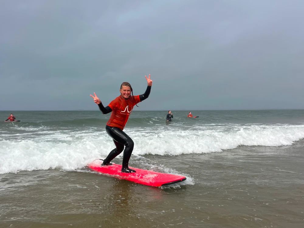 Graphic showing the journey from beginner to pro surfer, with various surfing stages and skills.