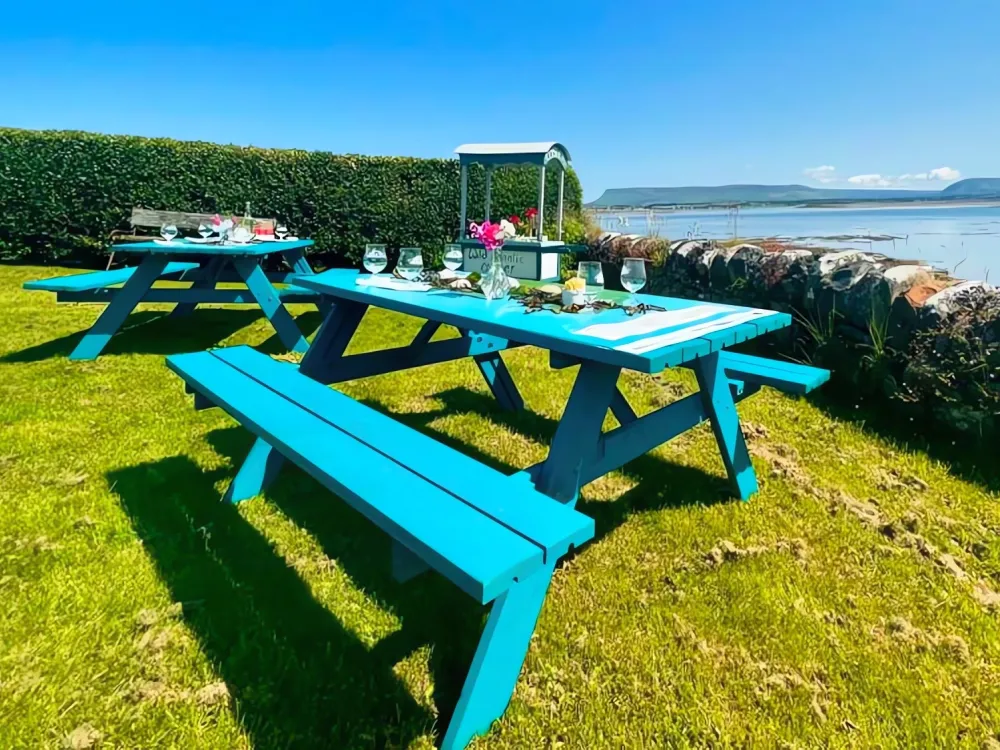 Oyster farm table in outside with cliffs and ocean view